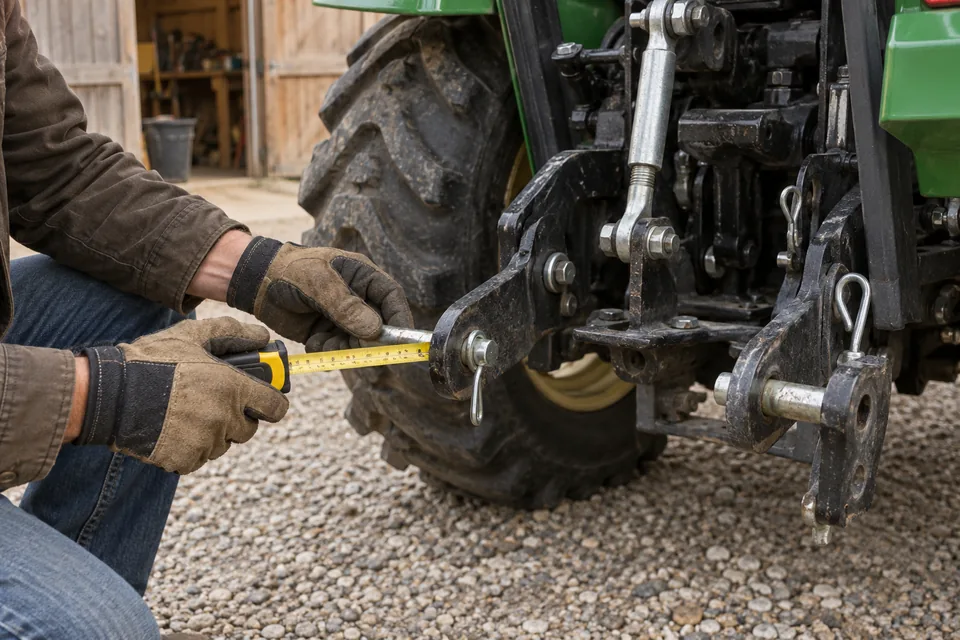 Gloved hands measuring a tractor hitch connection
