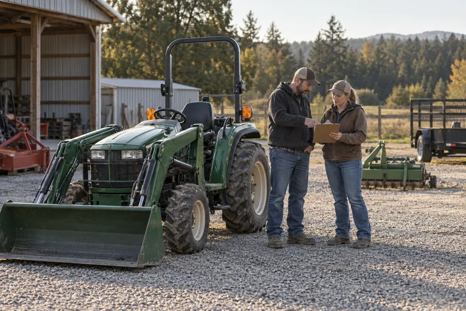 Two people discussing equipment beside a parked green tractor in an equipment yard