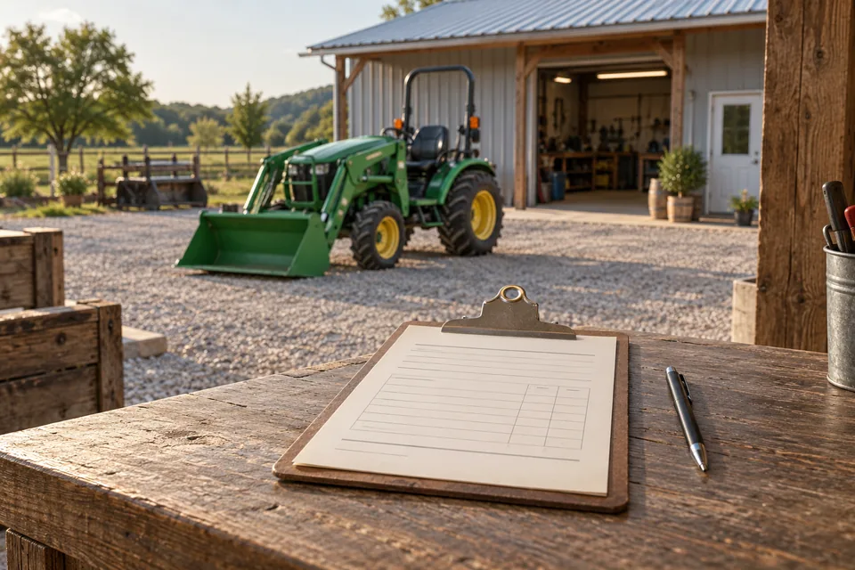 Quotation clipboard in an equipment yard with a green tractor