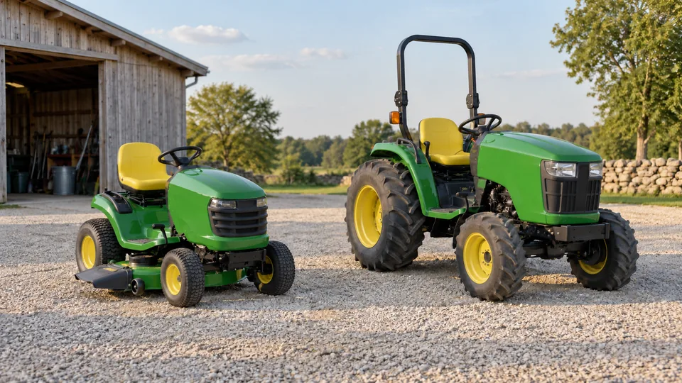 Riding mower and compact tractor parked side by side in a rural yard