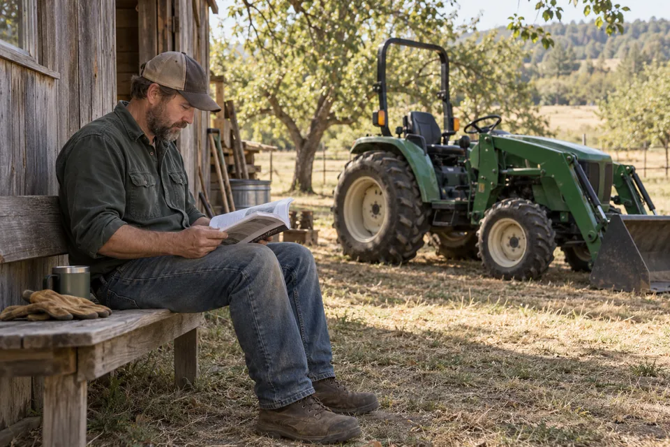 Equipment owner reviewing a manual beside a parked tractor