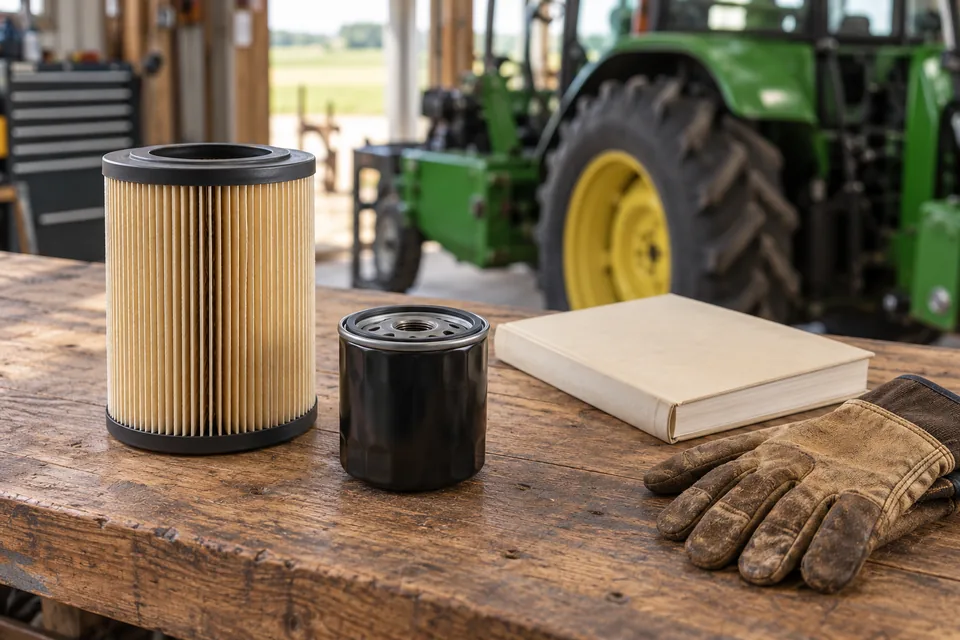 Generic filters, gloves and closed maintenance manual on a workbench
