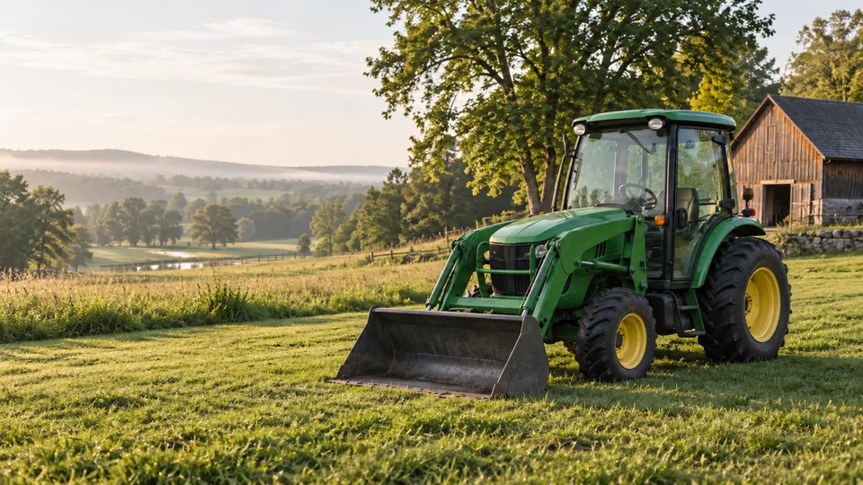 Green compact tractor on a meadow beside a rural barn