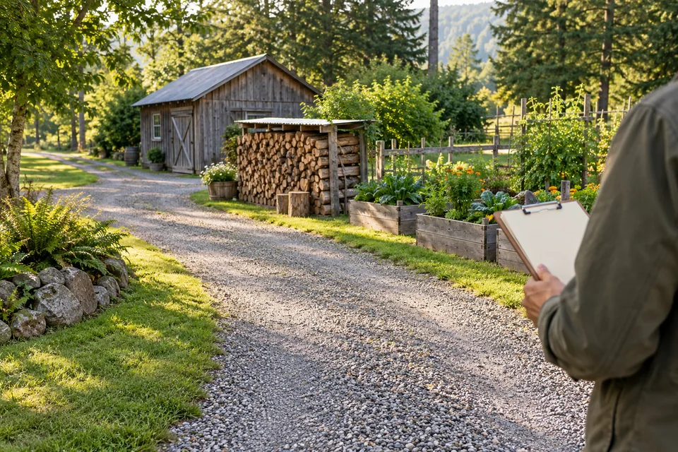 Person holding a clipboard beside a gravel driveway, garden beds and firewood storage