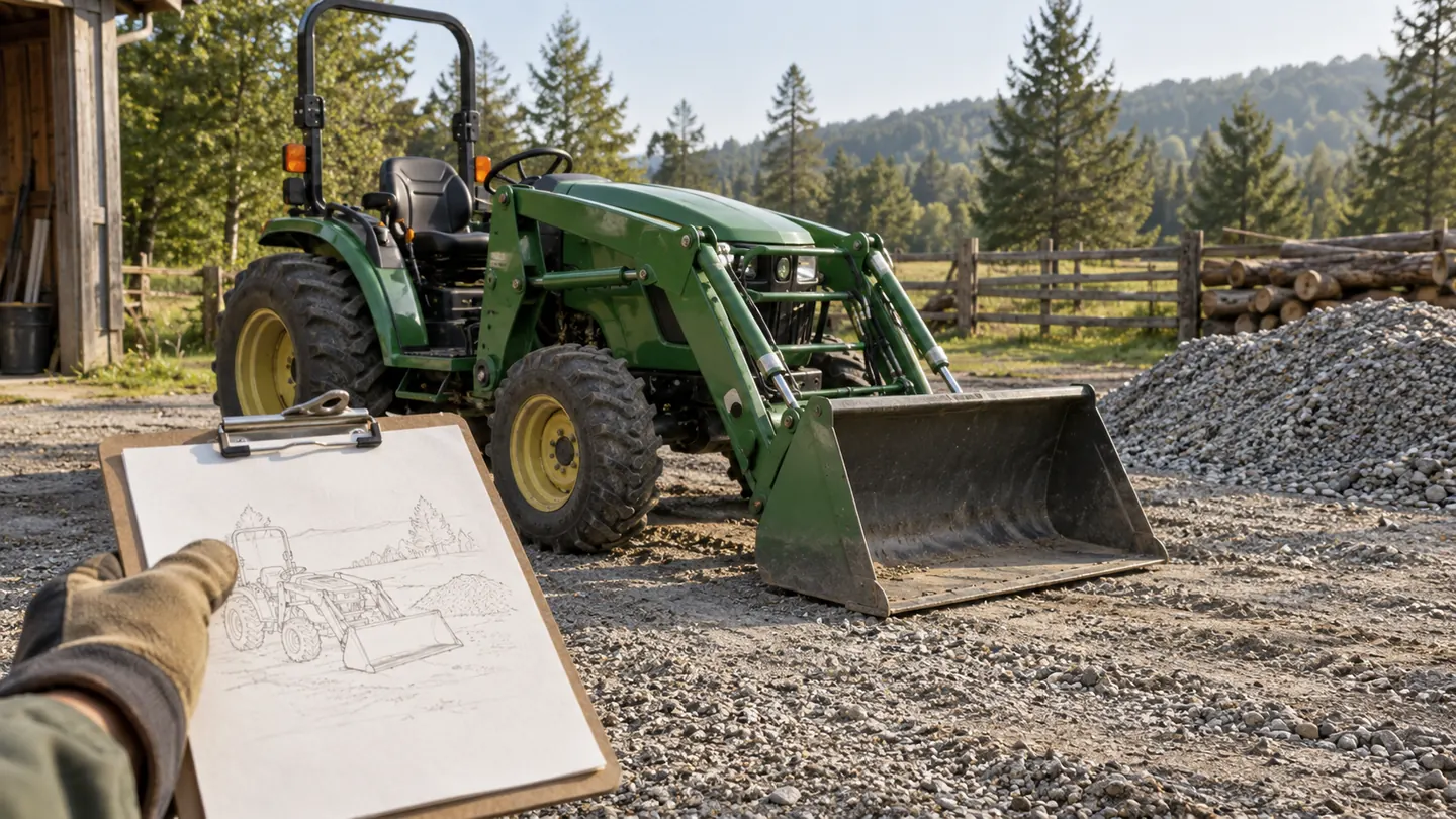 Illustration of a parked compact tractor loader beside a gravel pile and work-planning clipboard