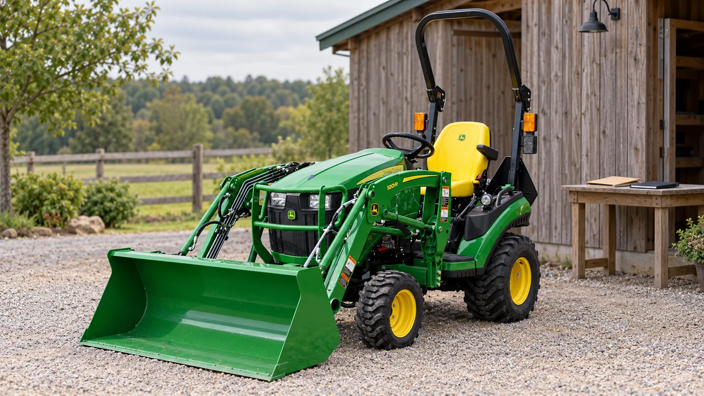 Buying used John Deere equipment — a 1025R with 120R loader parked beside an equipment shed and a records table.