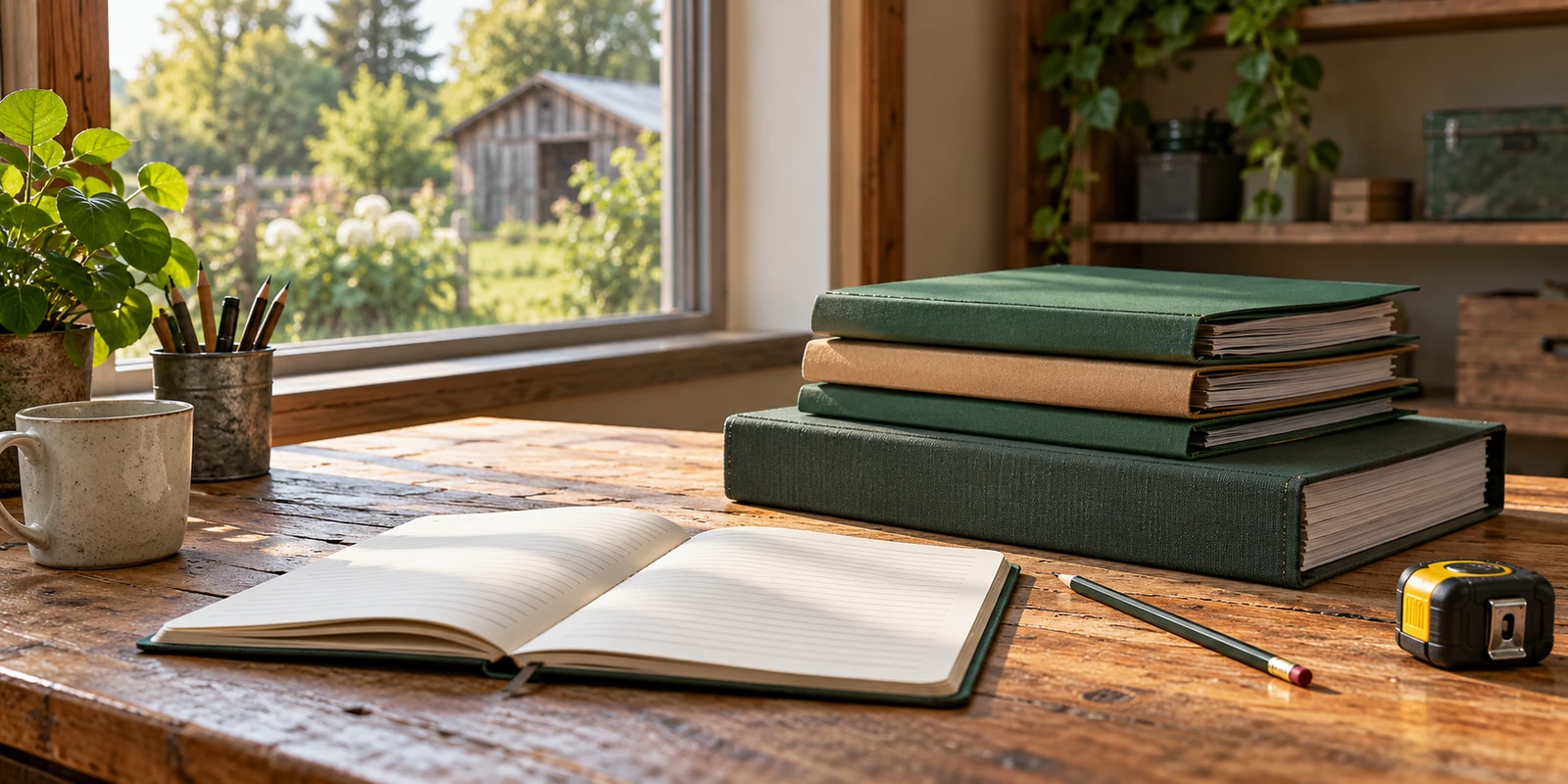 John Deere guides — equipment folders, an open notebook, a pencil and a tape measure on a timber desk in a farm office.