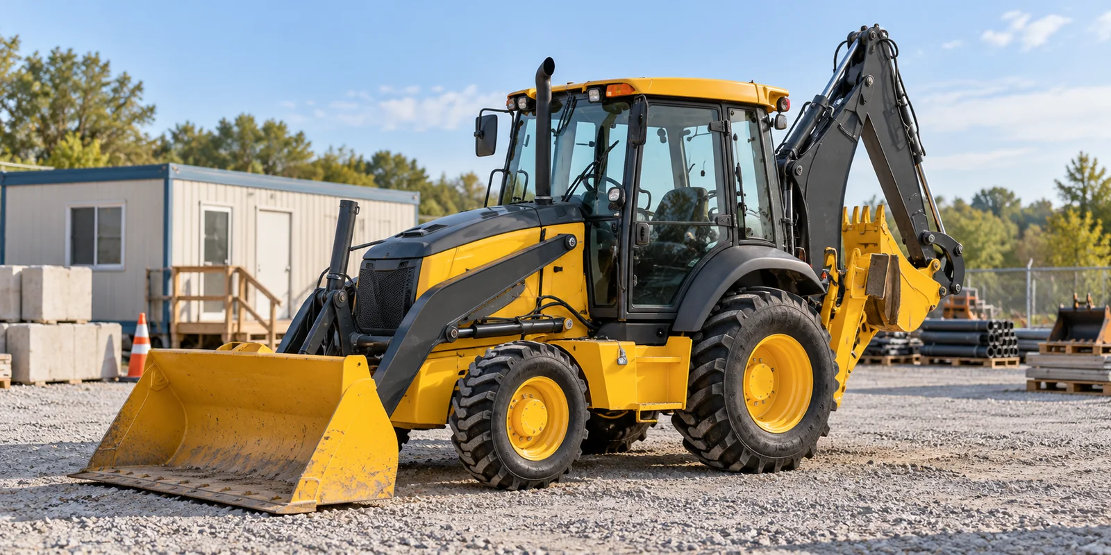 Heavy equipment leasing — a backhoe loader parked beside a construction site office.