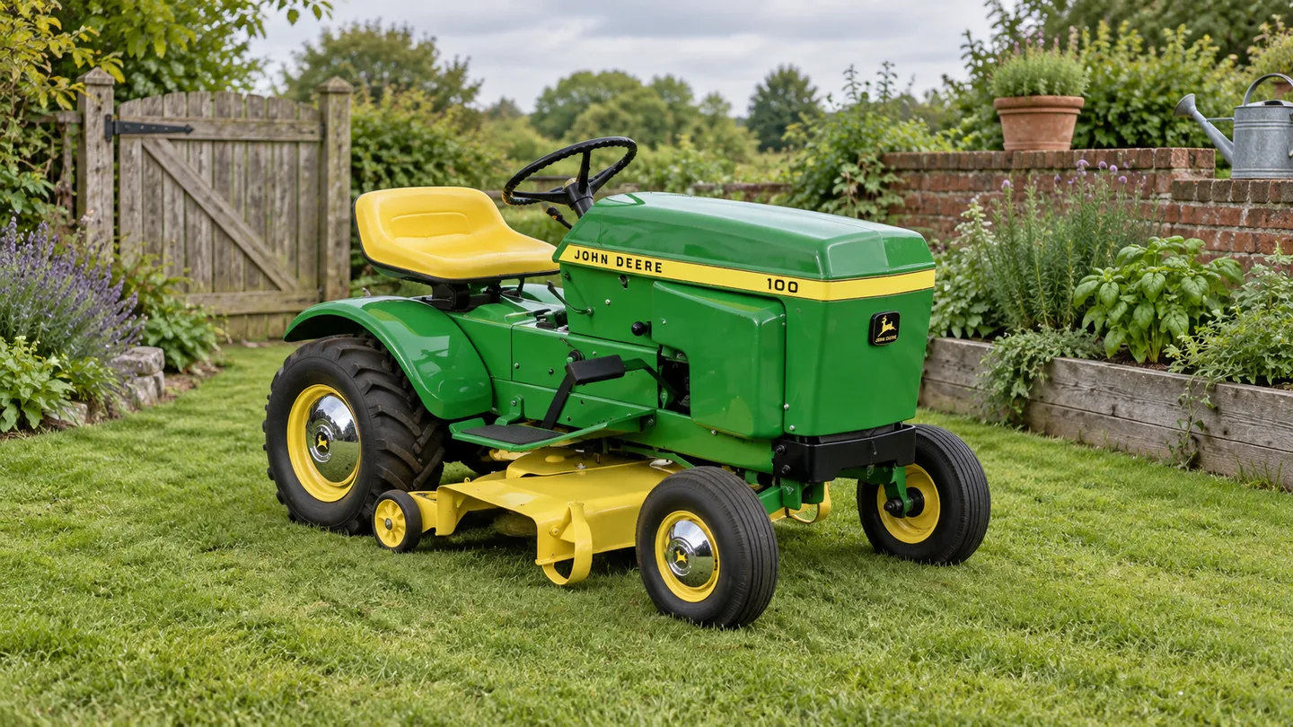 John Deere 100 with a yellow mower deck beside raised herb beds and a timber garden gate