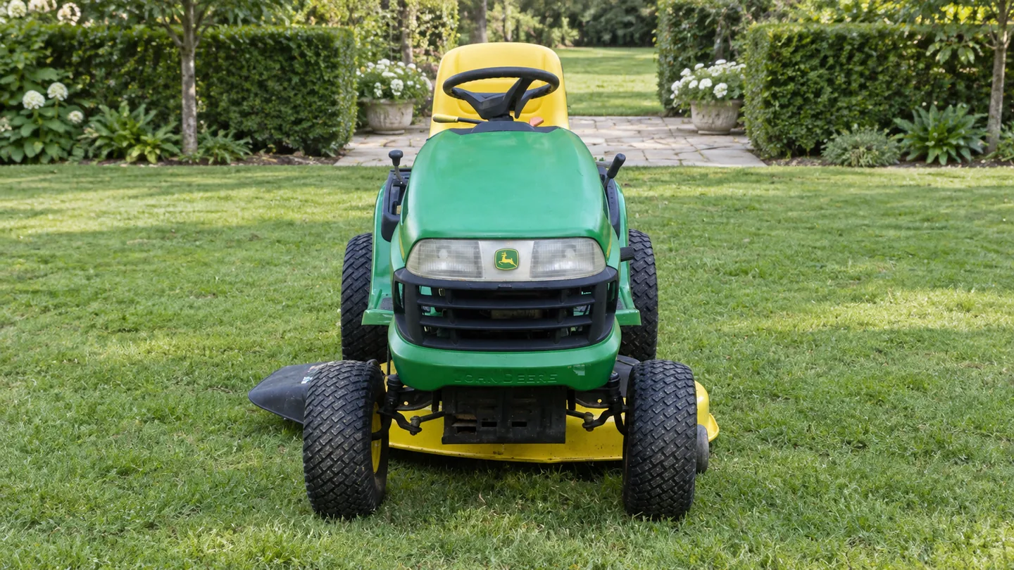 John Deere 102 on a level garden lawn.