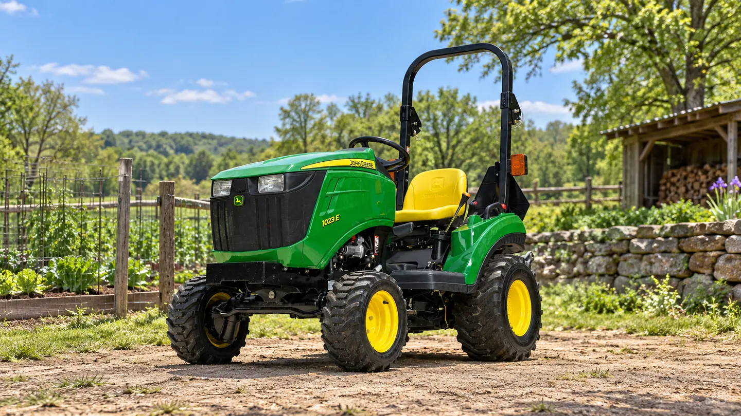 John Deere 1023E tractor parked beside a vegetable plot.