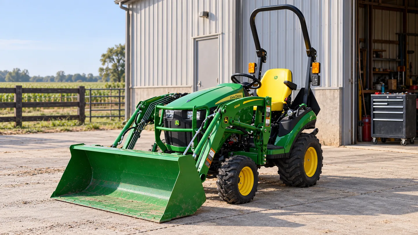 John Deere 1025R with 120R loader on a concrete inspection pad beside an implement shed.