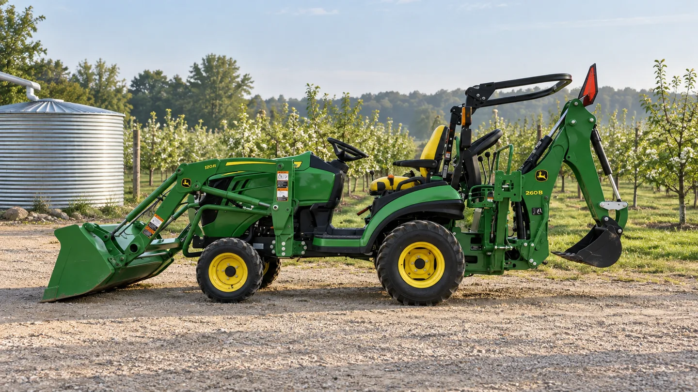 John Deere 1025R with 120R loader and 260B backhoe parked beside a rainwater cistern and young orchard trees.