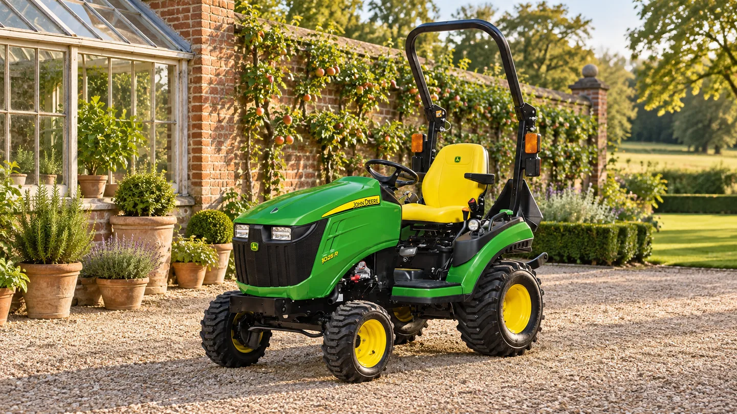 John Deere 1025R in a gravel courtyard beside a glasshouse and espaliered apple trees.