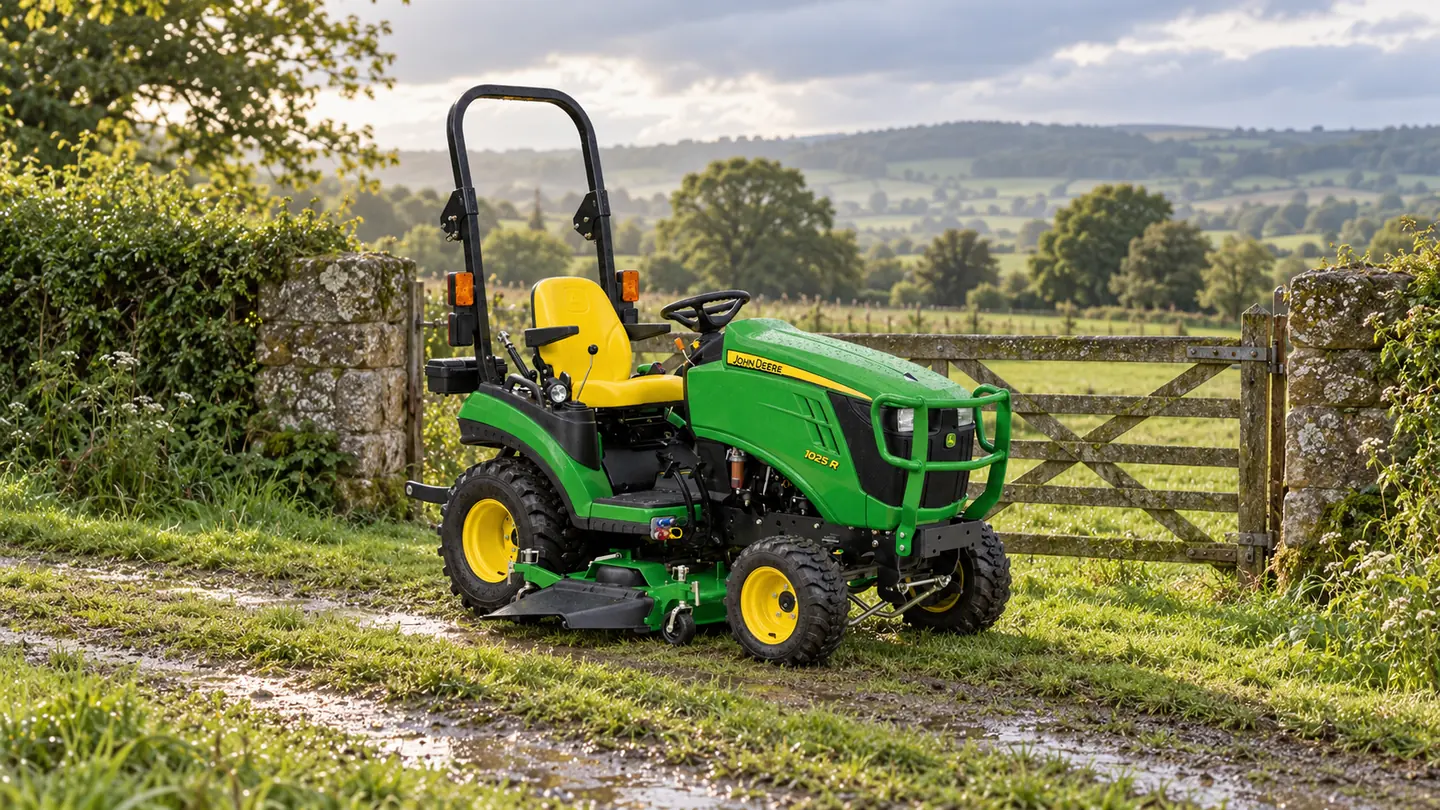 John Deere 1025R tractor with a mower deck at a stone gateway.