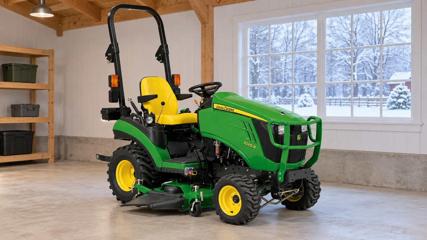 John Deere winter storage: a 1025R compact tractor in a dry garage with snow outside the window.
