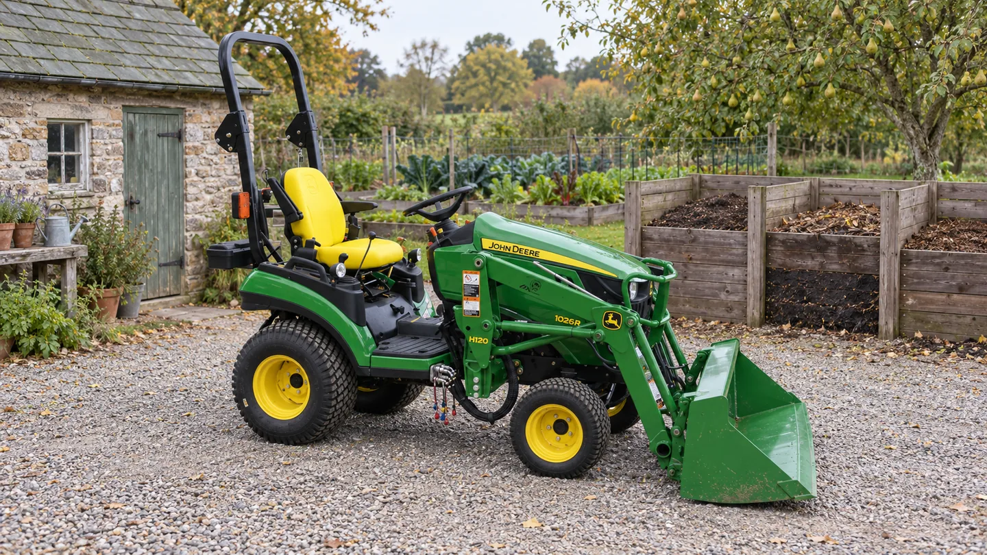John Deere 1026R with an H120 loader beside cedar compost bays and a stone potting shed