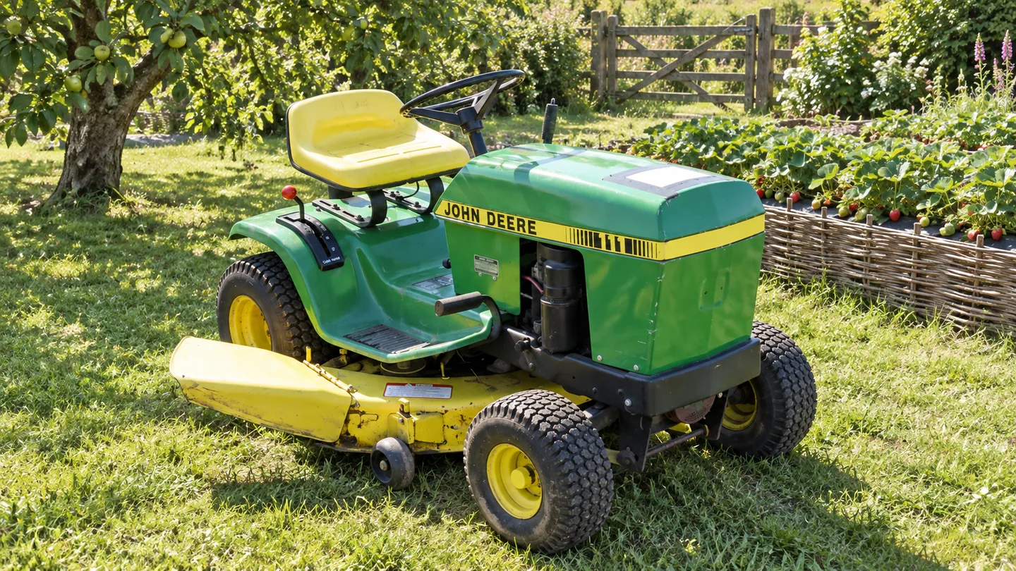 John Deere 111 on a level garden lawn.