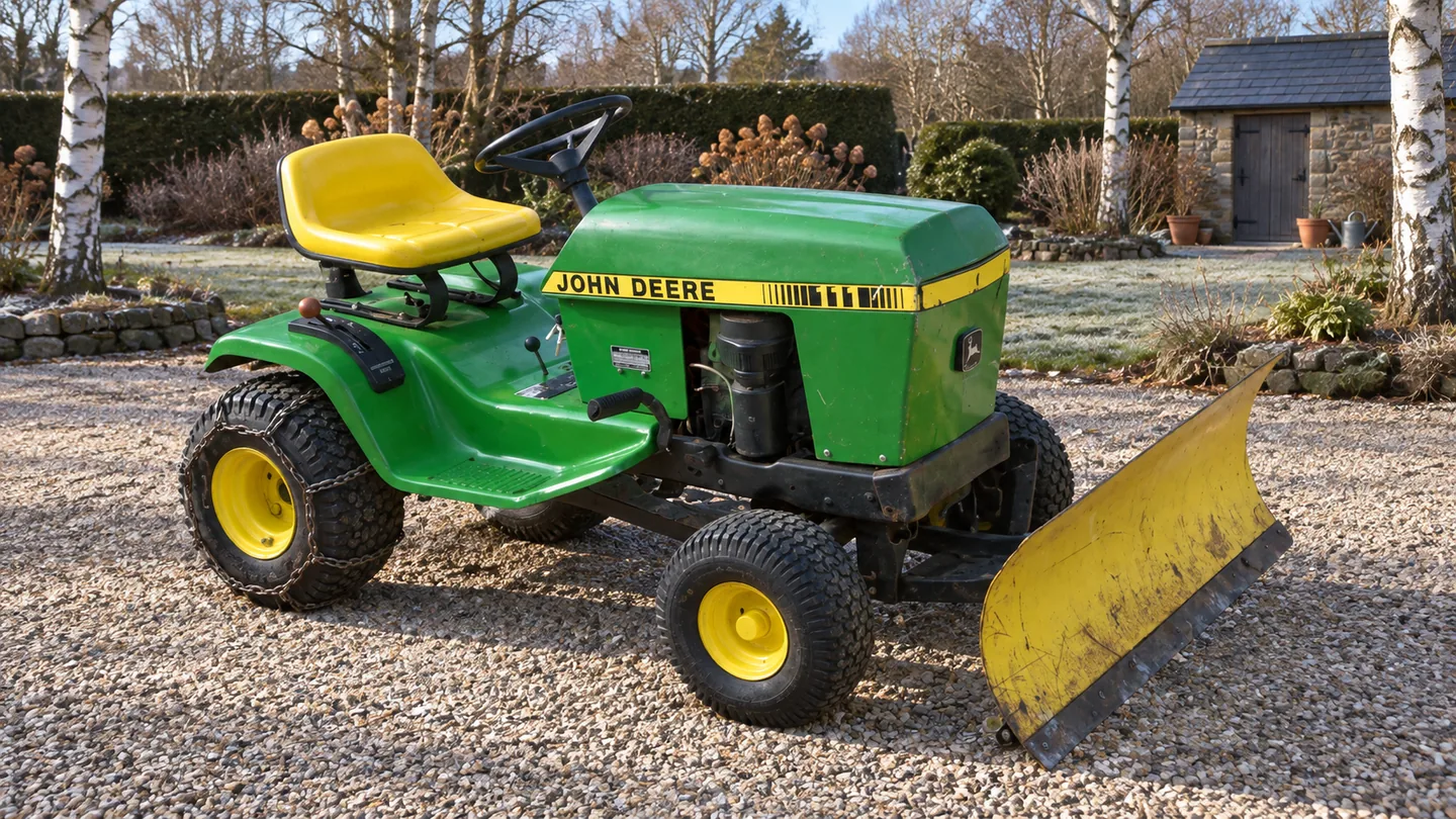 John Deere 111H lawn tractor with a front blade and rear tire chains on a dry winter garden drive.