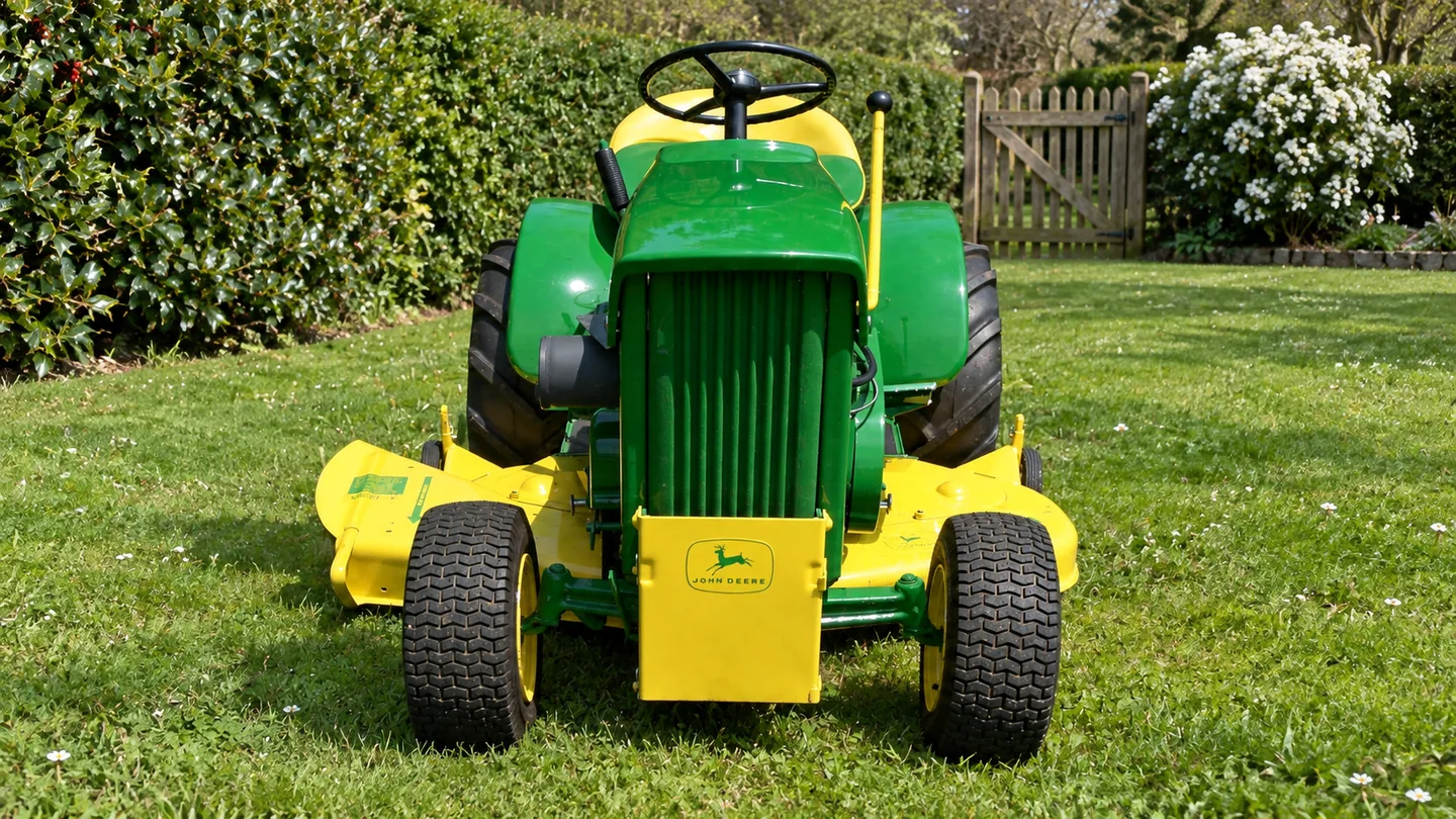 John Deere 112 with a mower deck on a lawn beside a holly hedge.