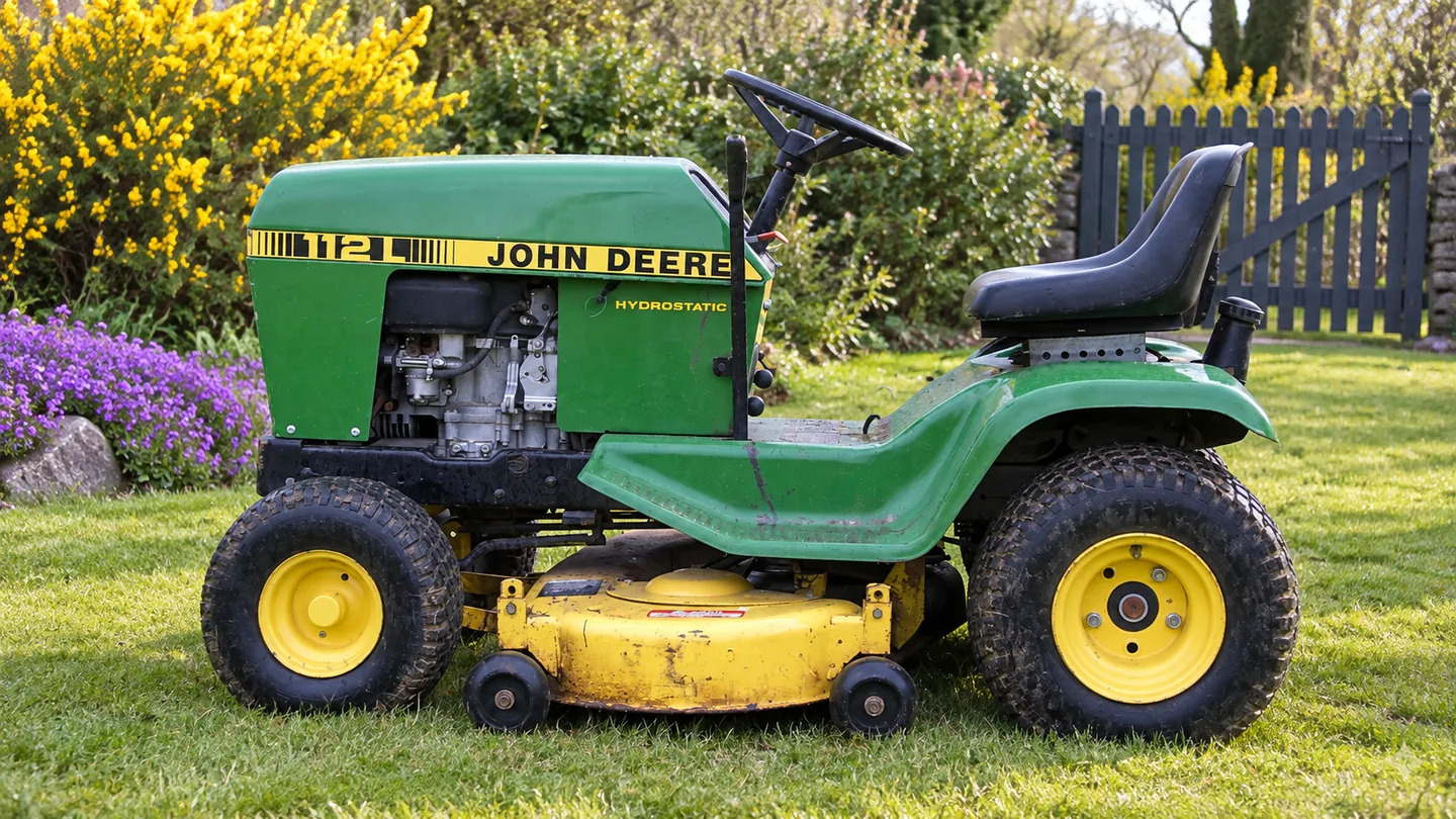 John Deere 112L on a level garden lawn.