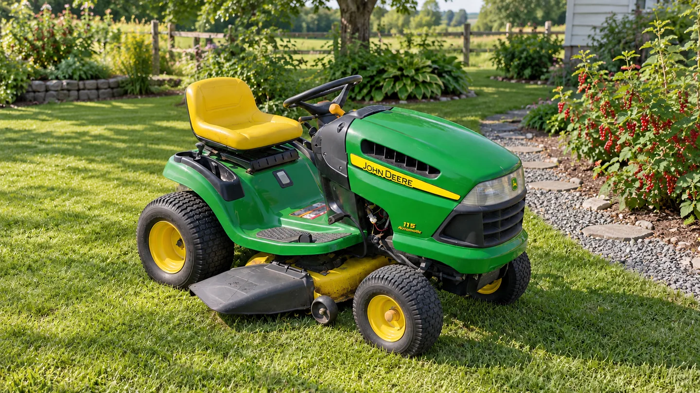 John Deere 115 with a yellow mower deck beside redcurrant bushes and a gravel path