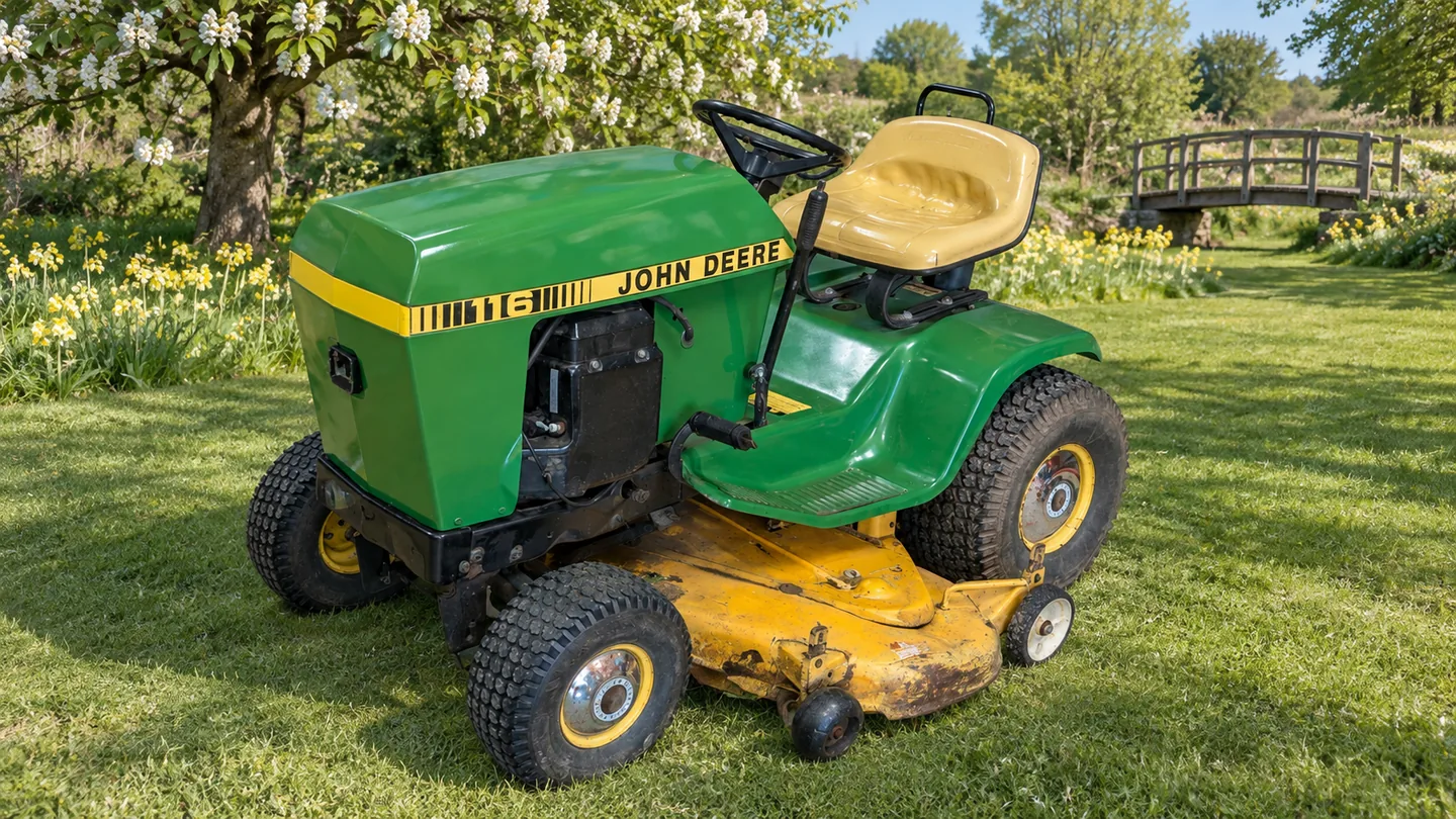 John Deere 116 lawn tractor with a mower deck in a garden setting.