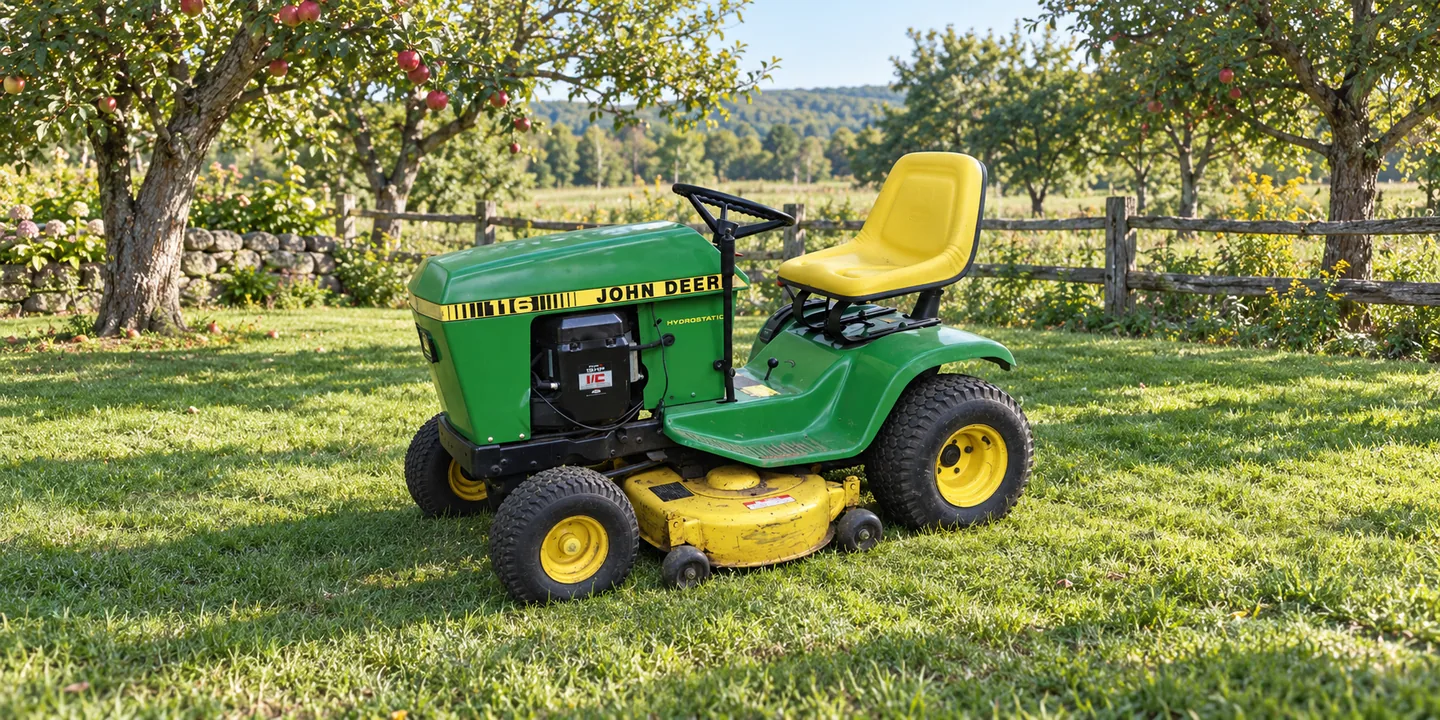 John Deere 116H — a lawn tractor with a yellow mower deck on grass beside apple trees and a split-rail fence.