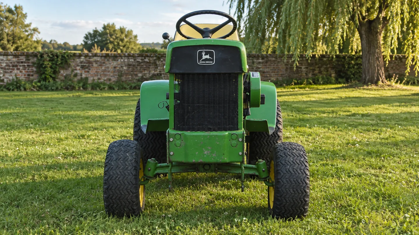 John Deere 120 on a level farm lawn beside a brick wall.