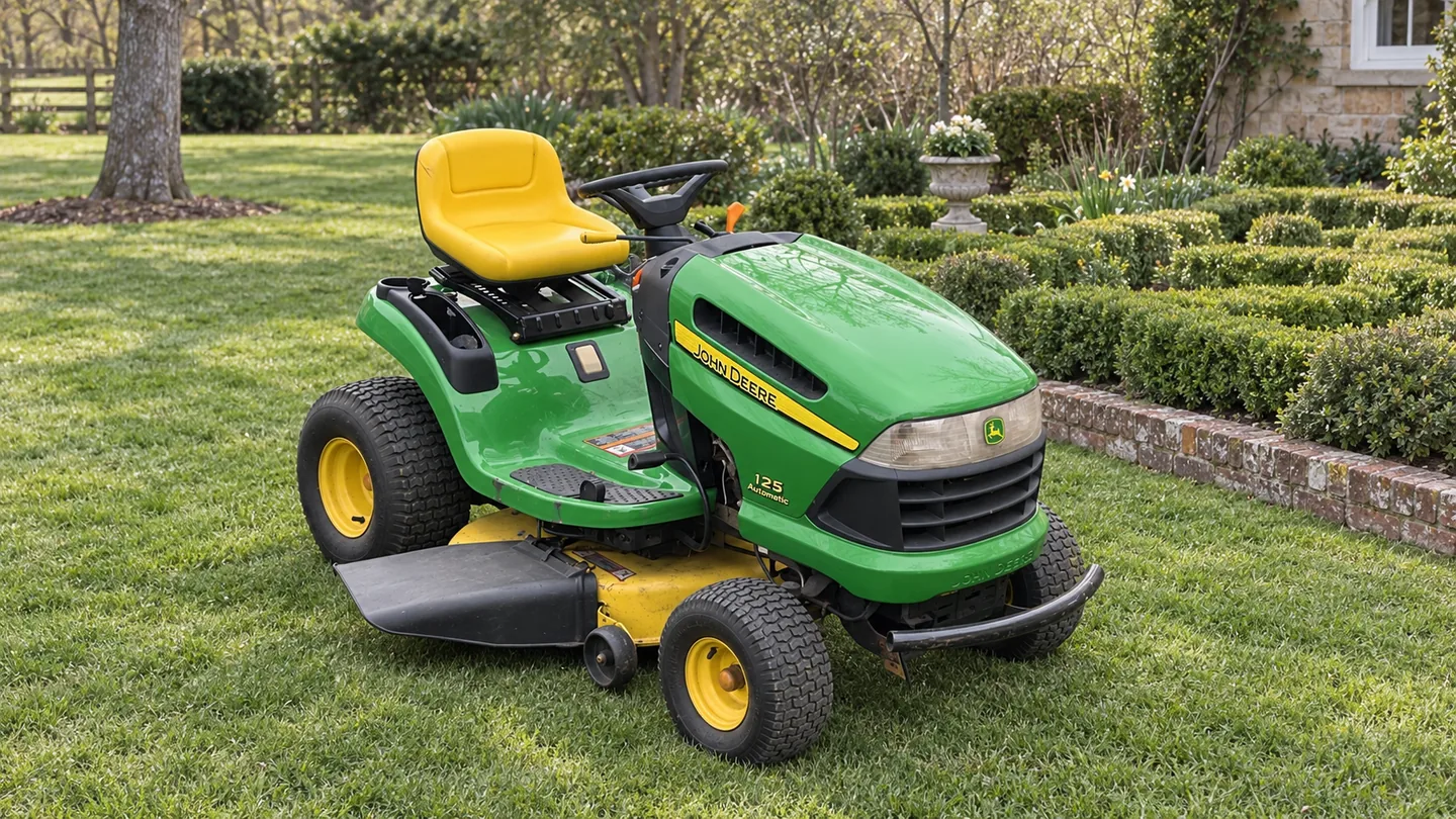 John Deere 125 with a yellow mower deck beside a clipped herb garden