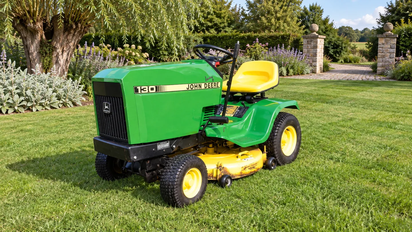 John Deere 130 lawn tractor with a mower deck in a garden setting.