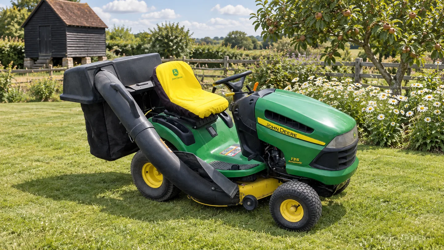 John Deere 135 lawn tractor with a rear bagger in a garden setting.