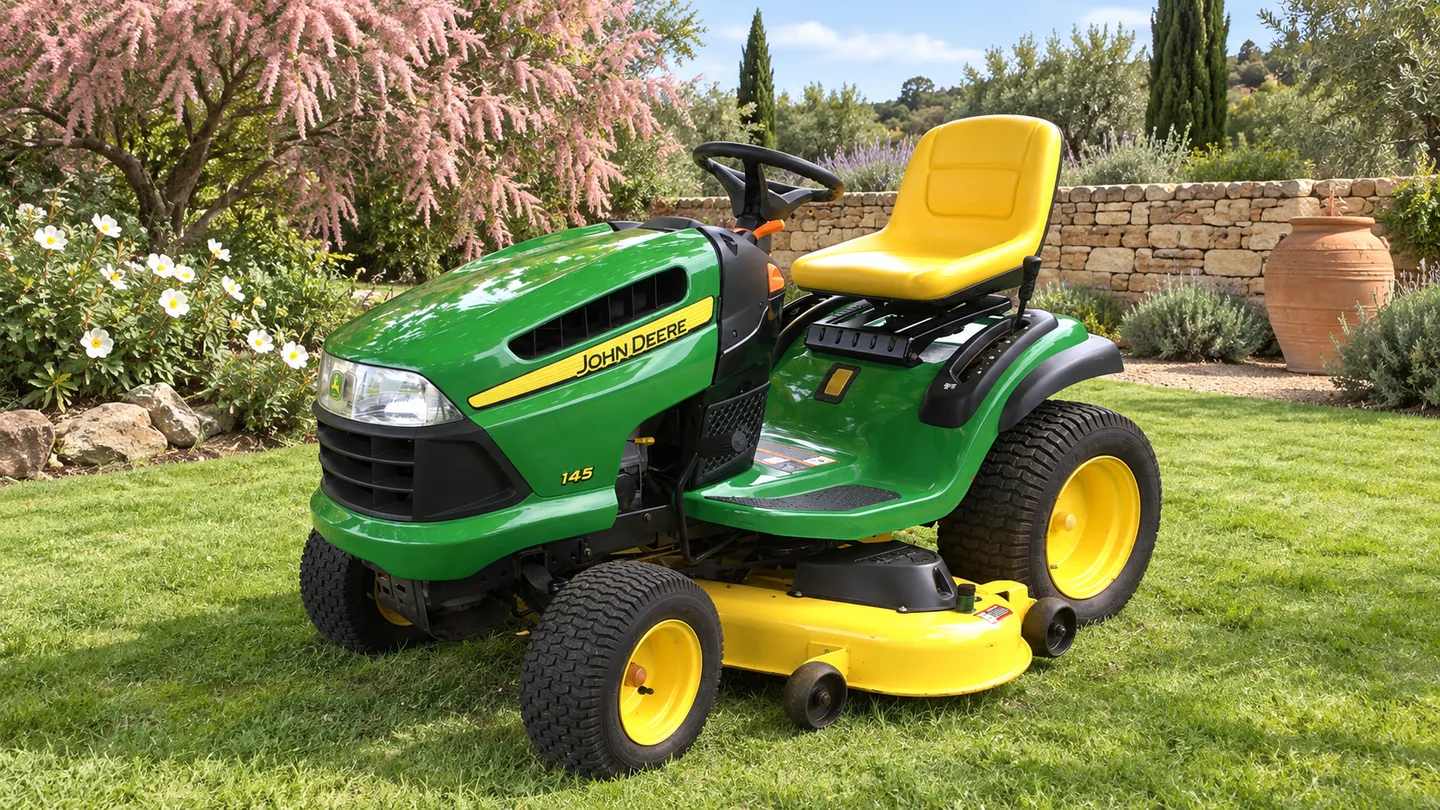 John Deere 145 lawn tractor with a mower deck in a garden setting.