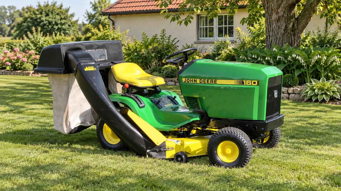 John Deere 160 lawn tractor with a rear bagger in a garden setting.