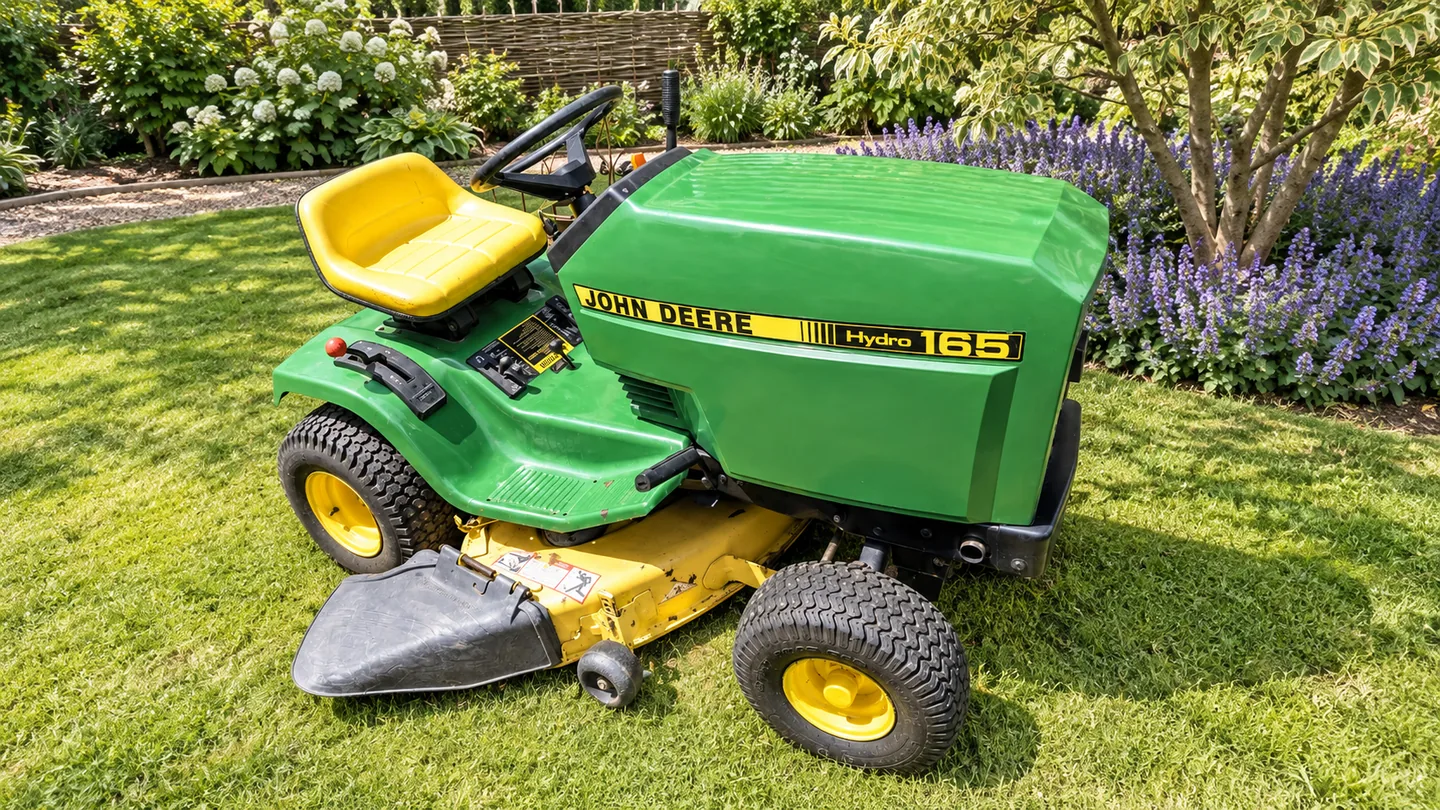 John Deere 165 lawn tractor with a mower deck in a garden setting.