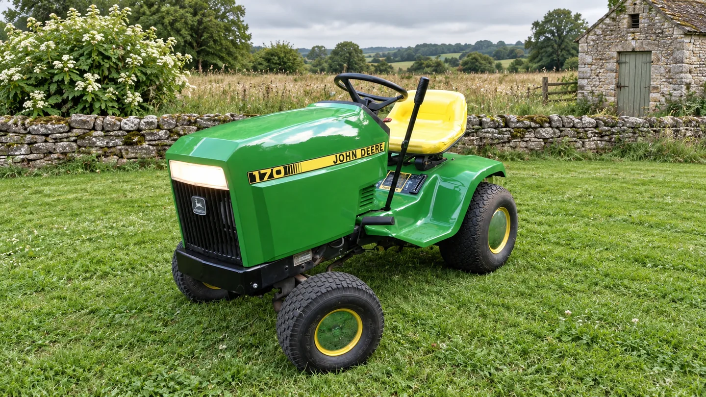 John Deere 170 lawn tractor in a garden setting.