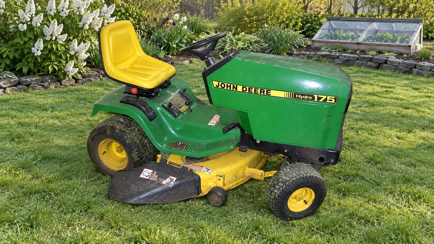 John Deere 175 lawn tractor with a mower deck in a garden setting.