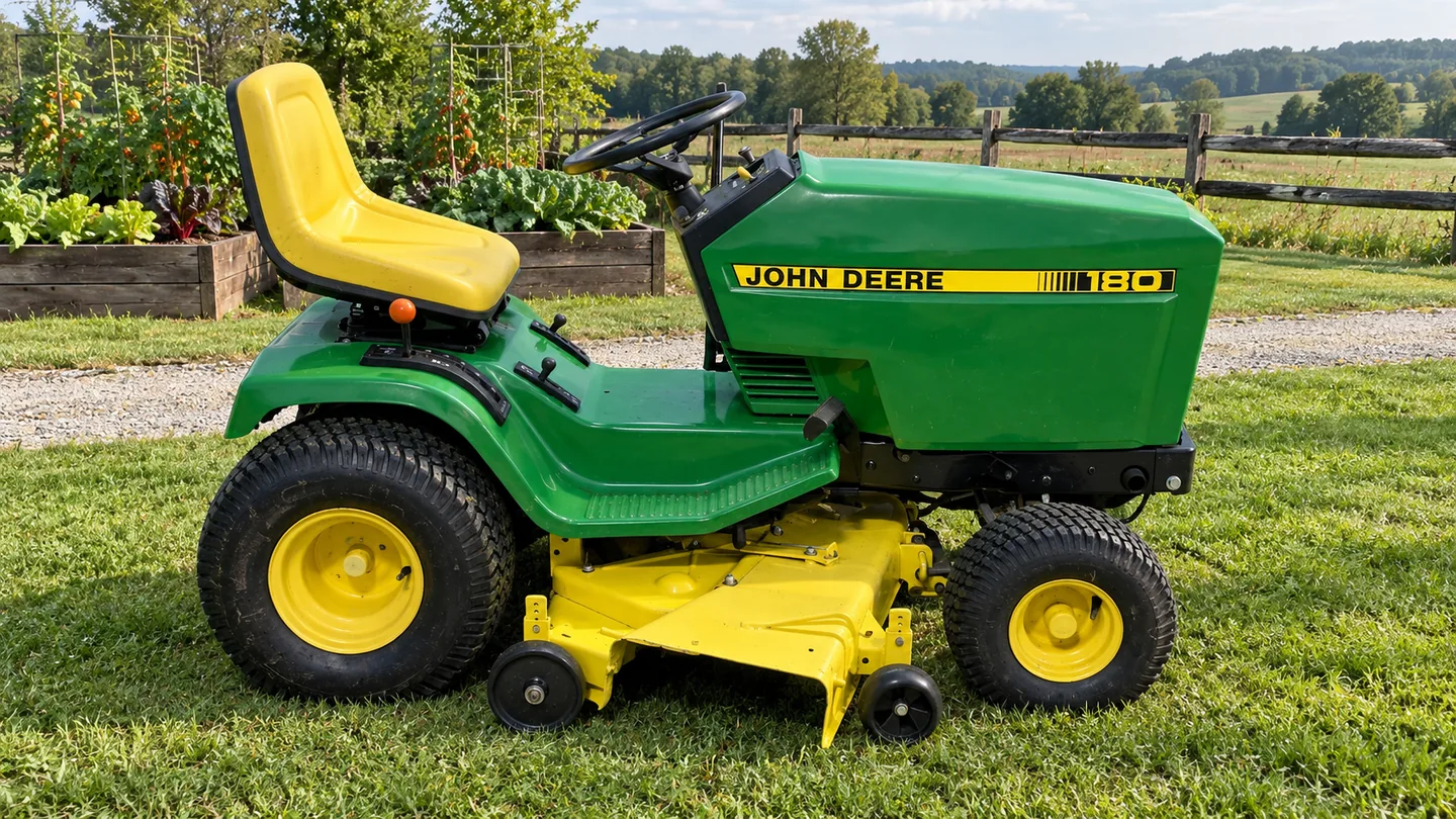 John Deere 180 lawn tractor on grass beside vegetable beds and a gravel garden path.