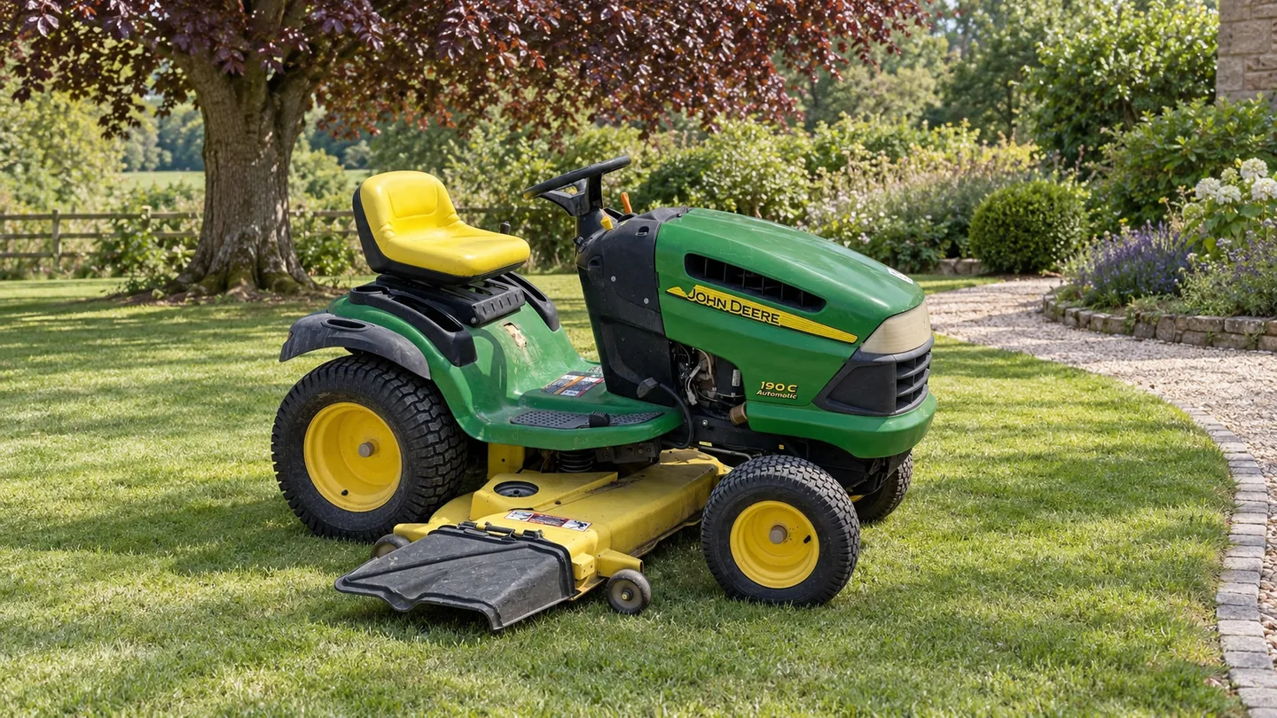 John Deere 190C with a side-discharge deck near a copper beech and curved gravel path