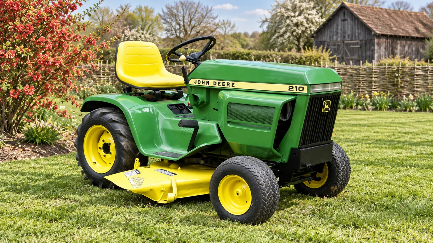 John Deere 210 lawn tractor beside a flowering quince and timber barn.