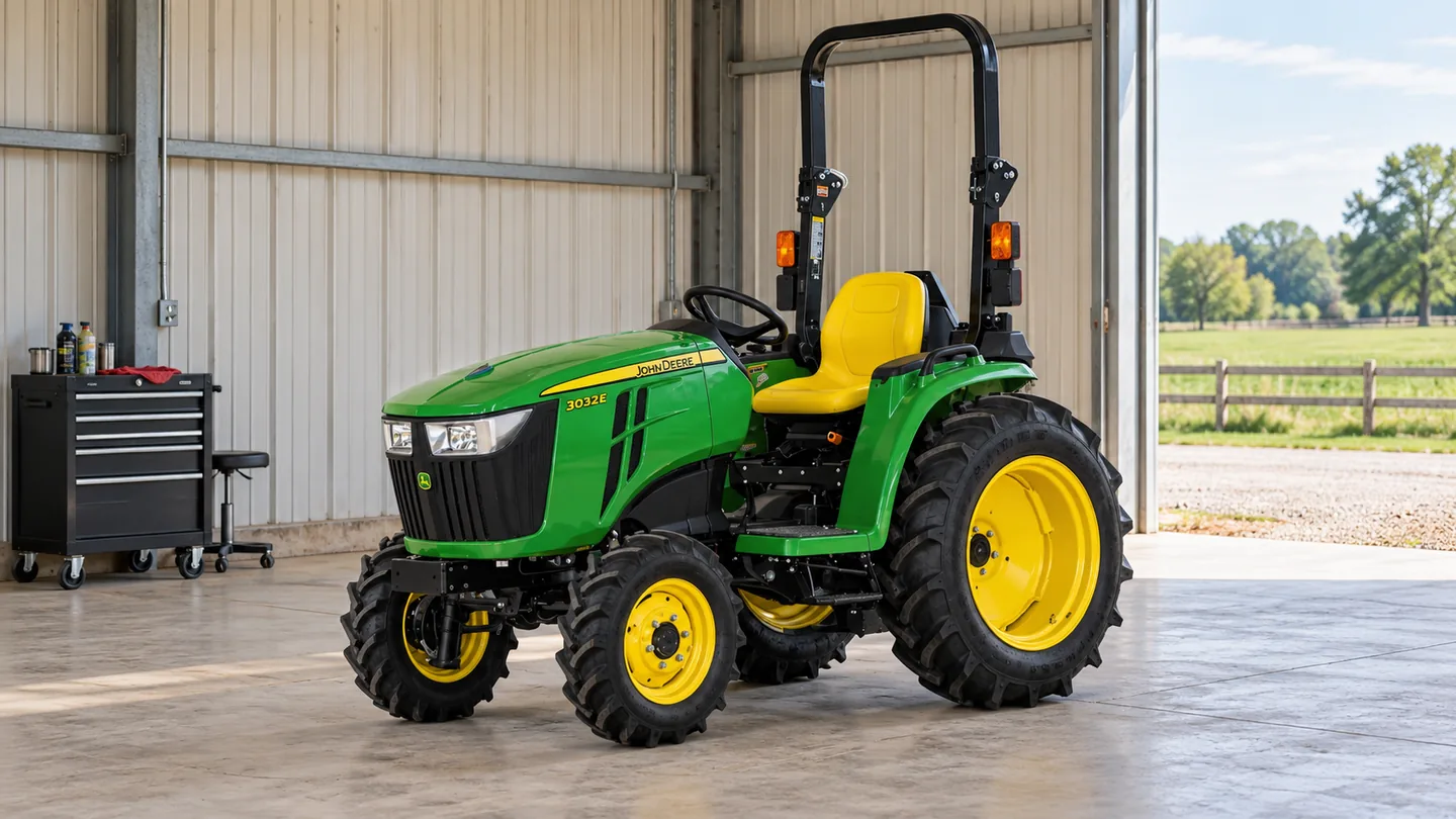 John Deere 3032E parked in an open farm maintenance bay beside a tool trolley.