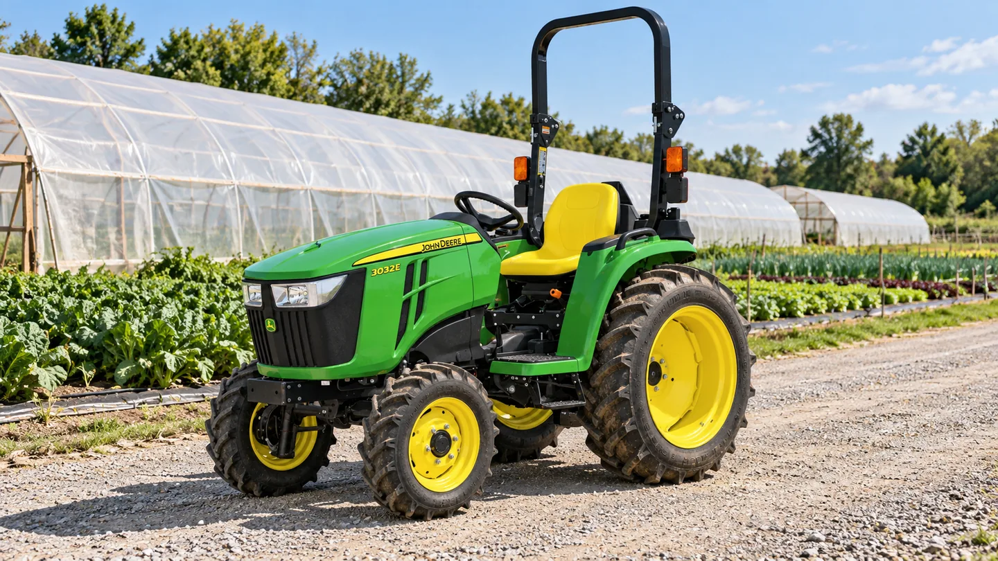 John Deere 3032E — compact tractor parked beside a polytunnel and vegetable beds.