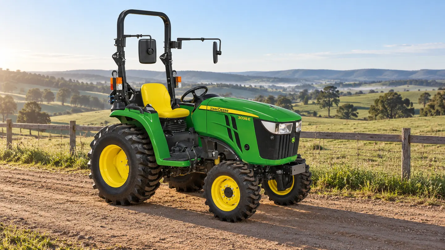 John Deere 3038E tractor parked on a track beside a pasture.