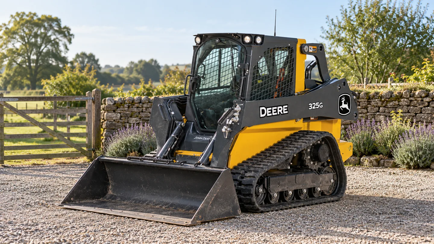 John Deere 325G — compact track loader parked beside a farm gate and lavender beds.