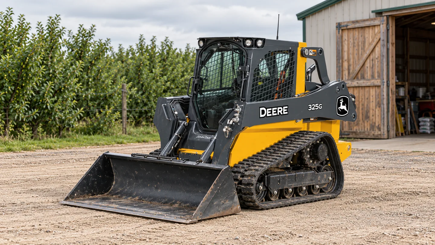 John Deere 325G — compact track loader parked beside an agricultural store and orchard windbreak.