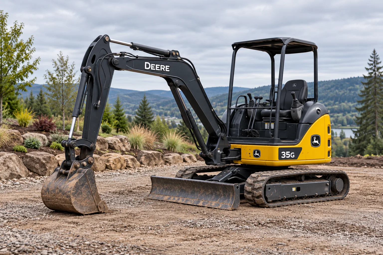 John Deere 35G compact excavator parked on a gravel landscaping site.