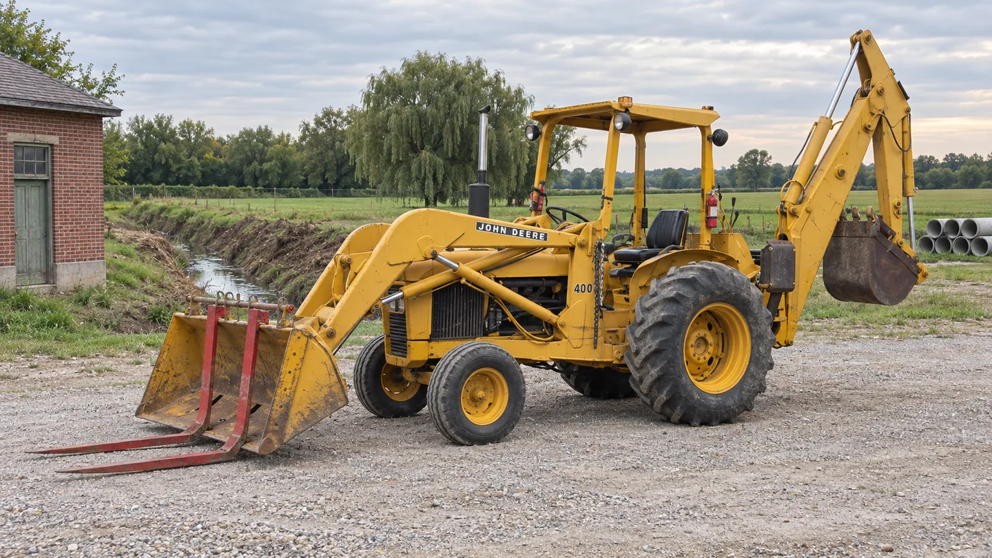 John Deere 400 backhoe loader with fork-equipped front bucket beside a brick pump house and drainage ditch