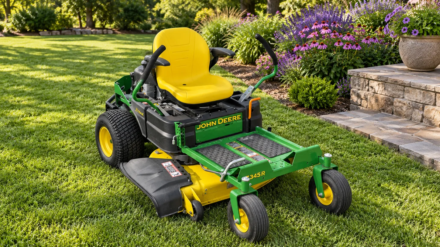 John Deere 42-inch mower deck — a Z345R with an Accel Deep deck beside a stone patio and flower border.