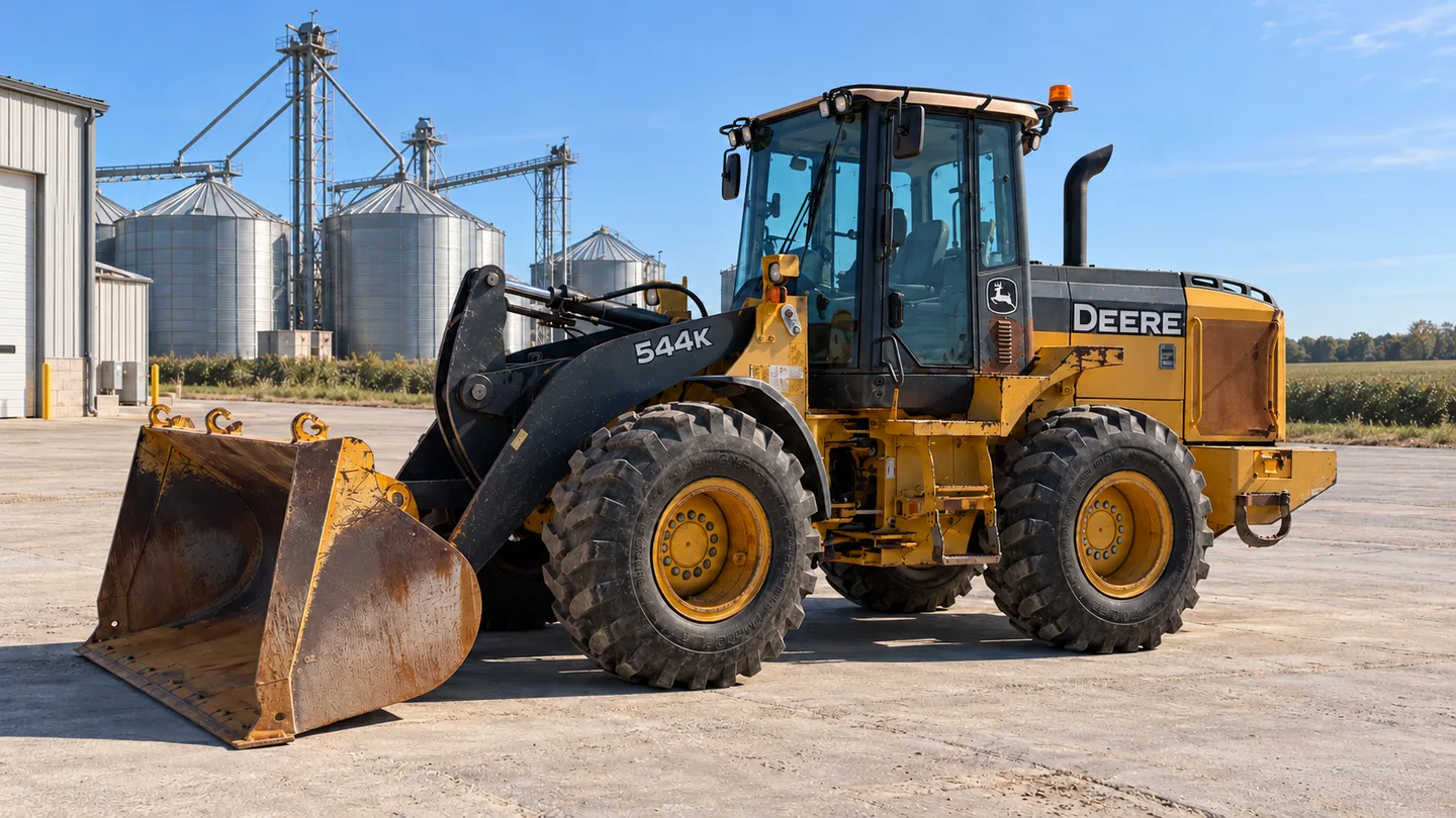 John Deere 544K — wheel loader parked on the concrete apron beside a rural grain store.