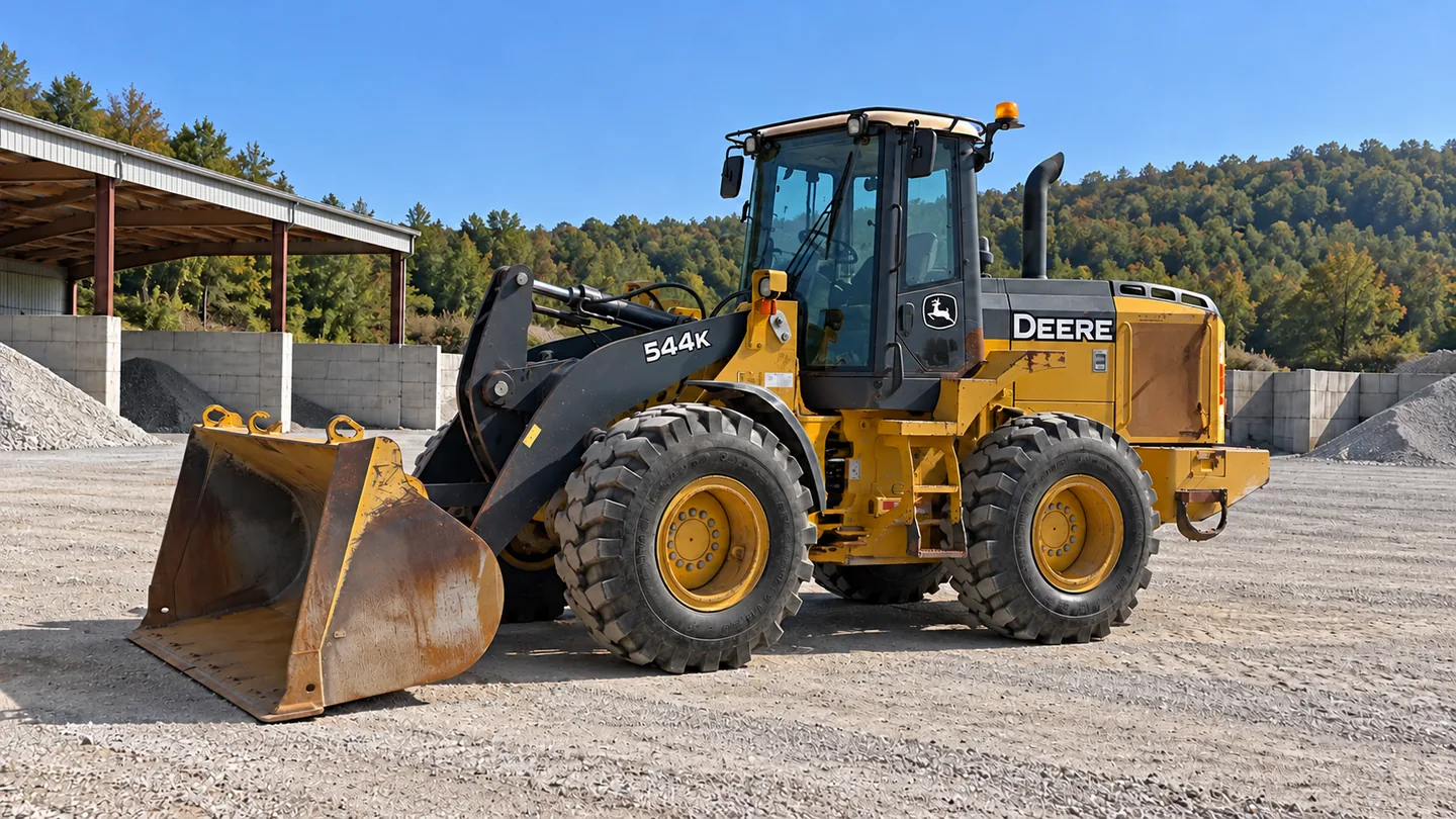 John Deere 544K — wheel loader parked on a level stone storage yard.